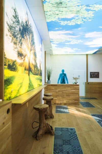 Reception area with wooden counter and nature-inspired design.